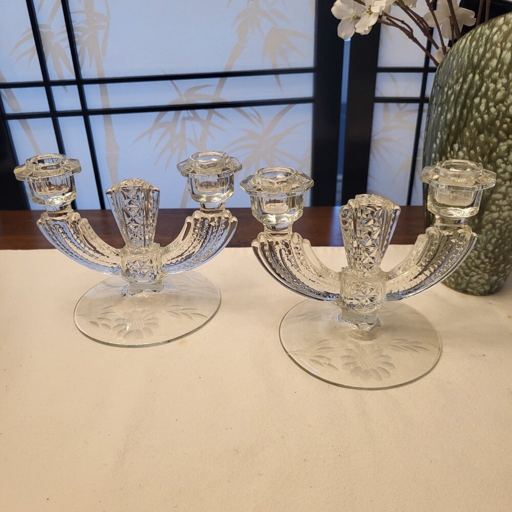 1930s Pair of Duncan Miller Double Candlestick Holder with Etched Flowers